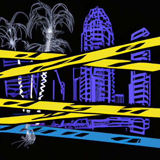 Crime scene tape, San Diego cityscape, police lights